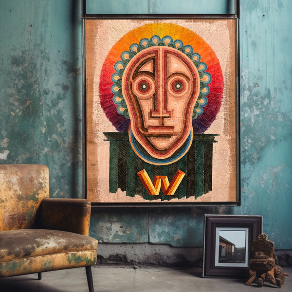 Tableau encadré à motif de visage stylisé, tons orange, vert et violet
