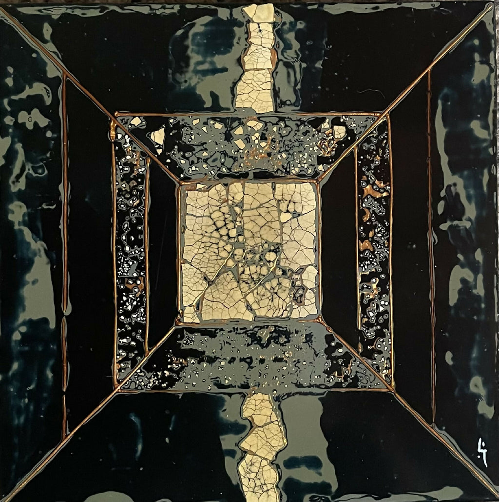 Décoration murale carrée abstraite, noir et doré, motif craquelé