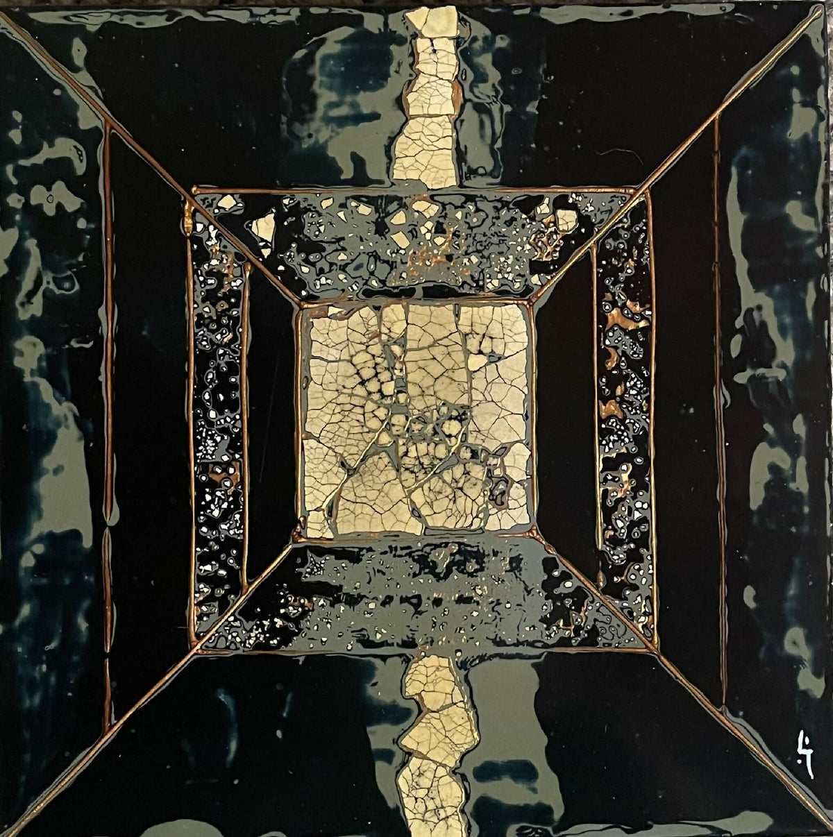 Décoration murale carrée abstraite, noir et doré, motif craquelé