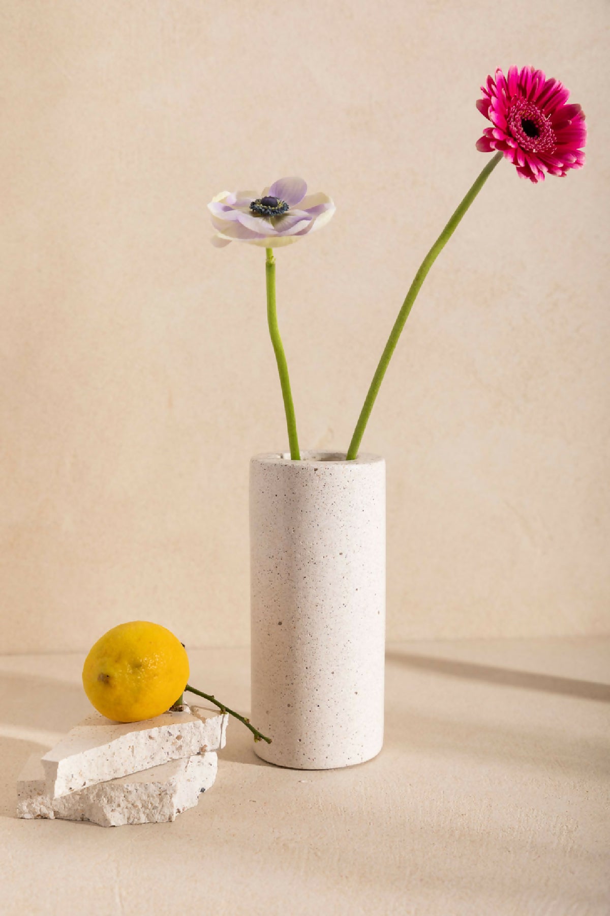 Vase ANDRÉ cylindrique beige clair, finition granuleuse, avec tiges et fleurs