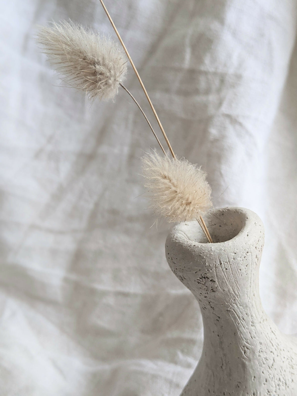 Vase corail beige en céramique avec ouvertures latérales, tige de plante dans le trou