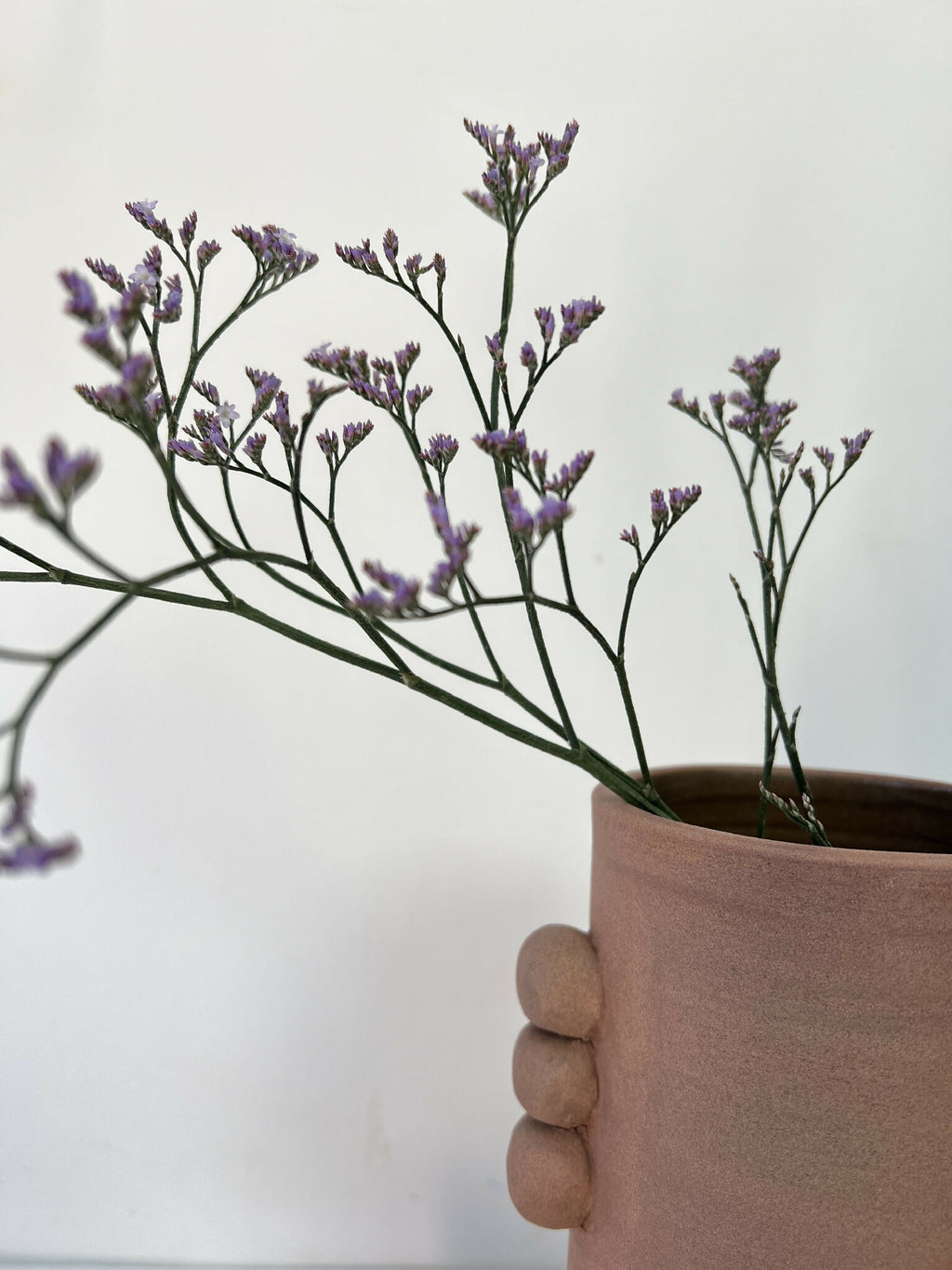 Vase en grès brun, gros plan sur les tiges et les fleurs violettes en bouquet.