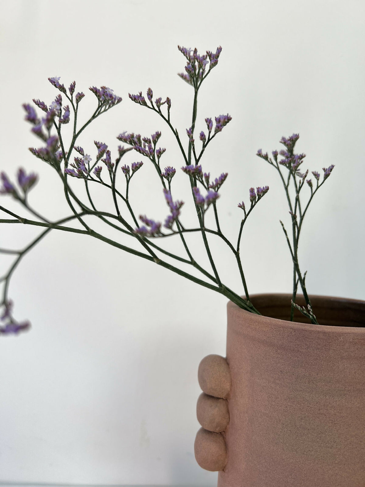 Vase en grès brun, gros plan sur les tiges et les fleurs violettes en bouquet.
