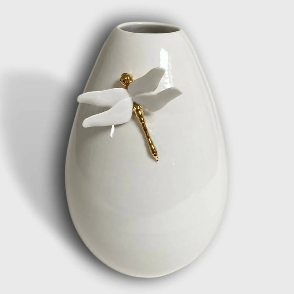 Vase libellule blanc en céramique avec libellule blanche et détails dorés