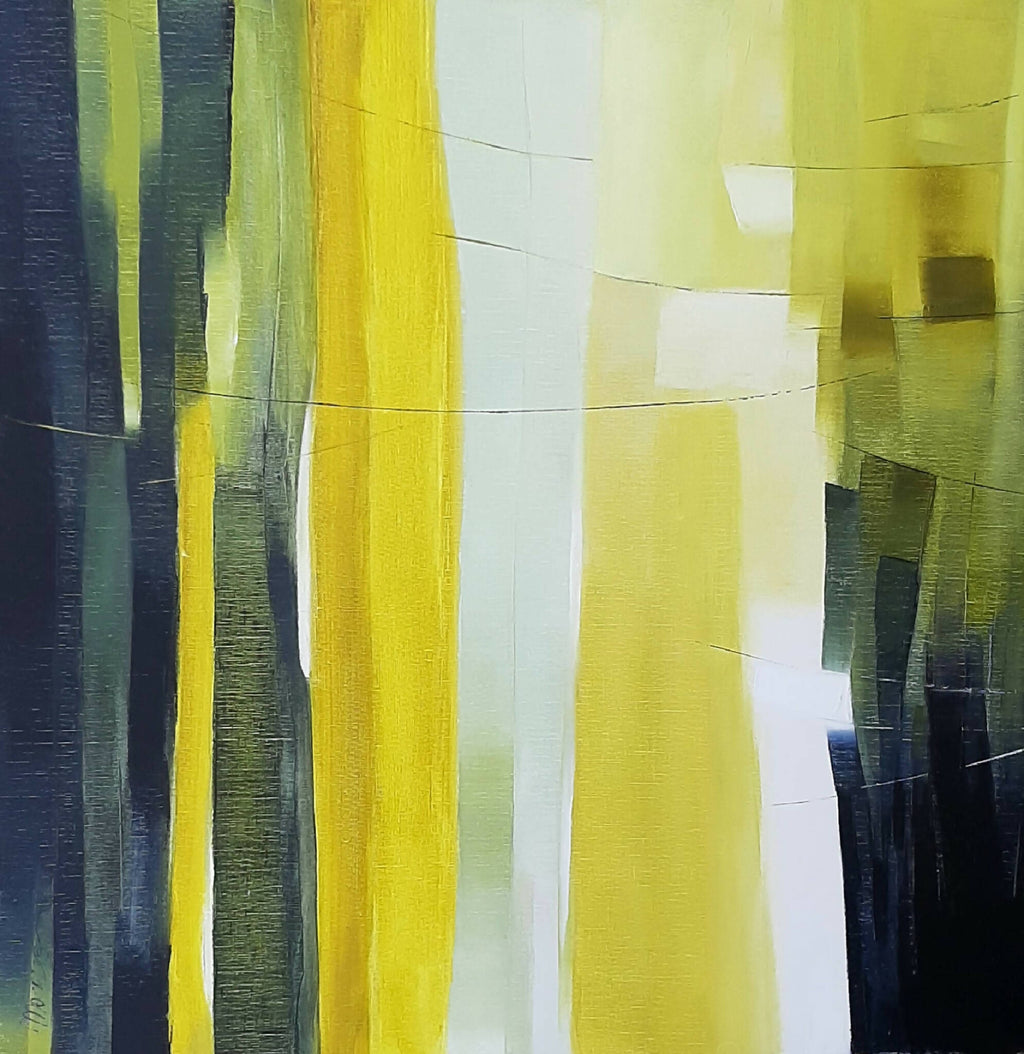 Tableau abstrait en gros plan : bandes verticales vert, jaune et bleu foncé