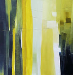 Tableau abstrait en gros plan : bandes verticales vert, jaune et bleu foncé