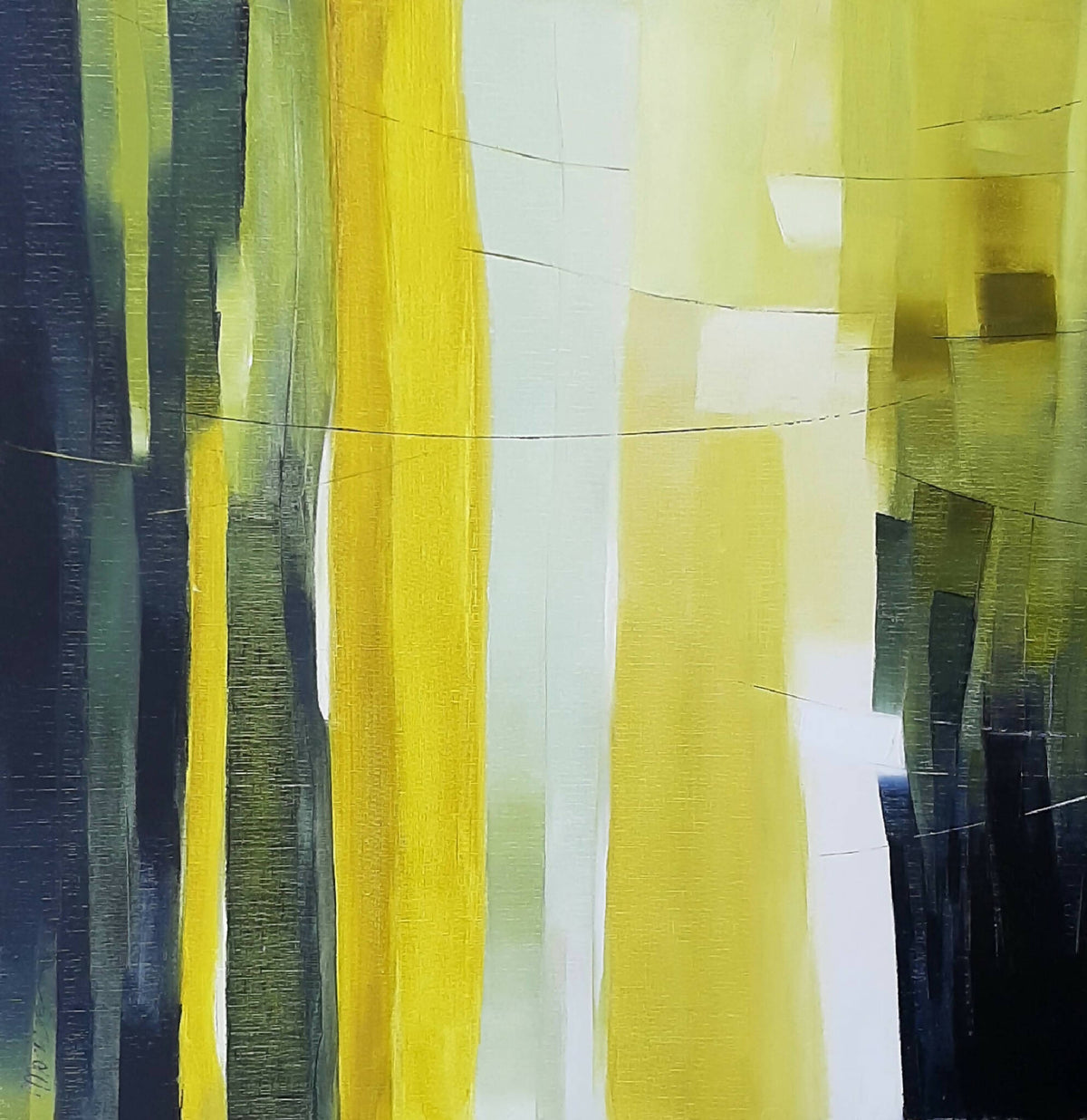 Tableau abstrait en gros plan : bandes verticales vert, jaune et bleu foncé
