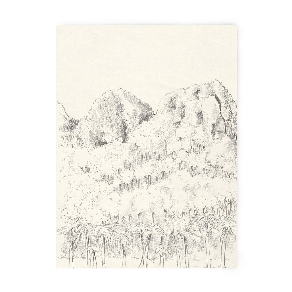 Tirage d’art numéroté et signé : paysage au crayon, palmiers et montagnes