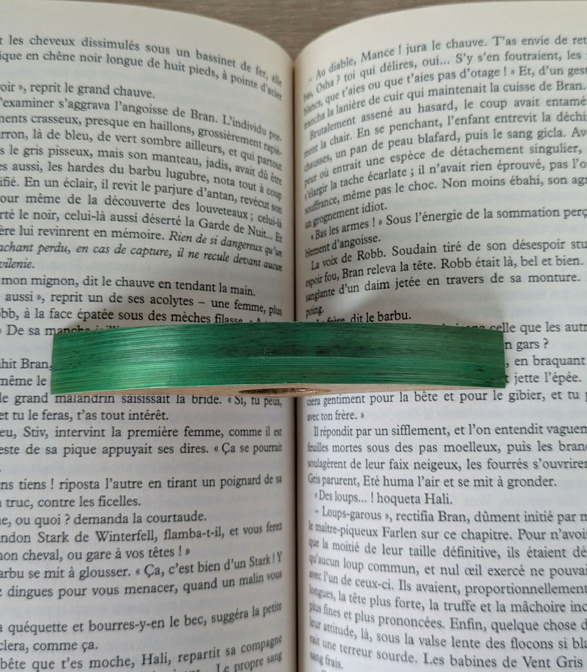 Marque-page en bois et incrustation verte, vu de près sur un livre.