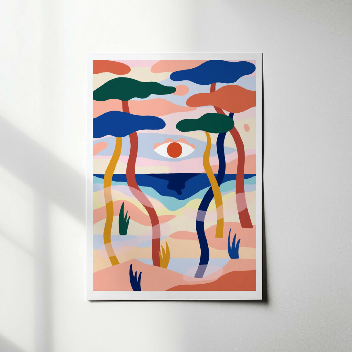 Illustration encadrée sur papier crème, formes organiques bleu, vert et corail.