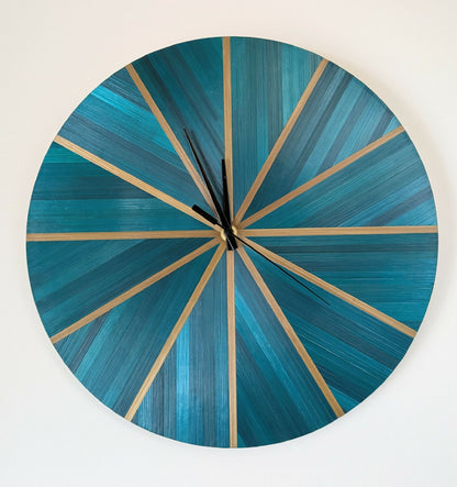 Horloge murale Ronde avec Marqueterie de paille Verte bleutée et doré