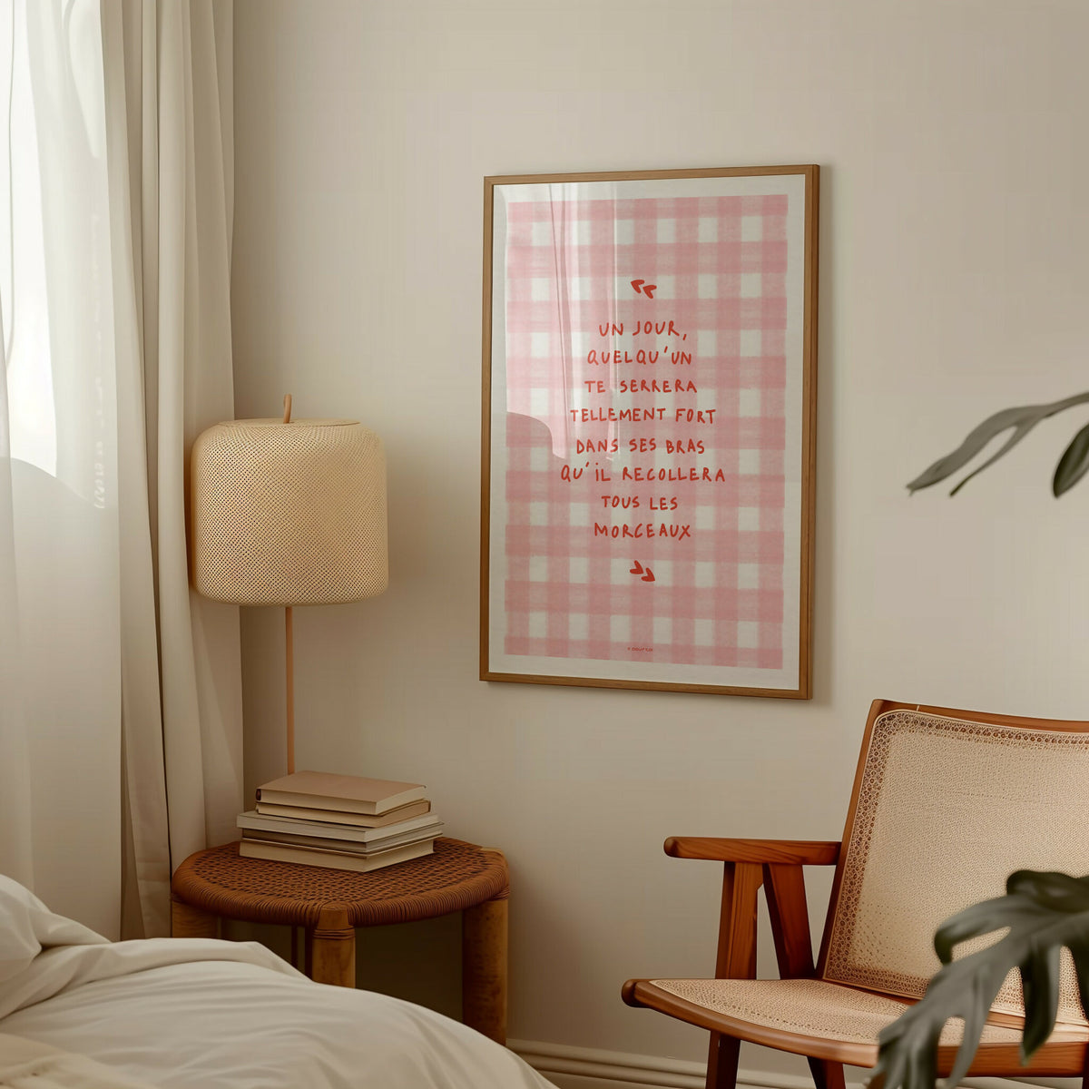 Affiche encadrée rectangulaire : motif vichy rose et citation rouge