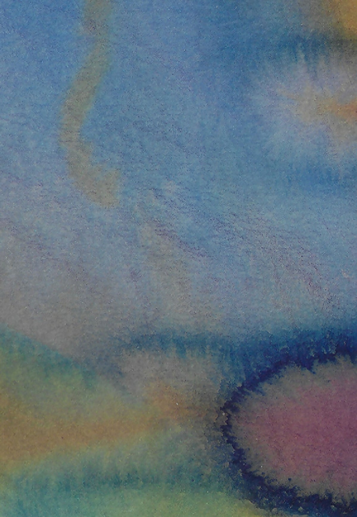 Détail d’aquarelle abstraite, textures diffuses bleu et vert, cercle rouge-violet
