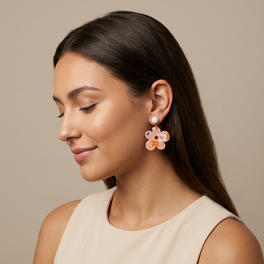 Jardin Fleuri — pendantes pâquerette · papier indien floral résiné · rose, orange, bleu & or · fait main France 🇫🇷