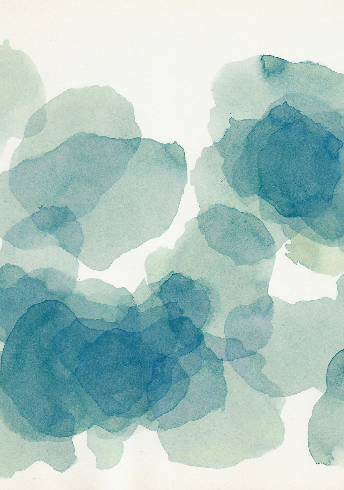 Dessin aquarelle botanique en gros plan, taches bleues et vertes sur fond clair