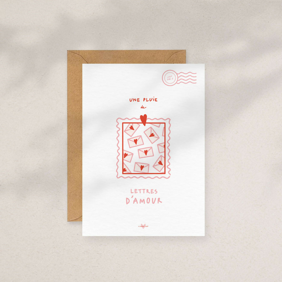 Carte de vœux blanche « Lettre d’amour » avec enveloppes et sceau rouge, sur enveloppe kraft