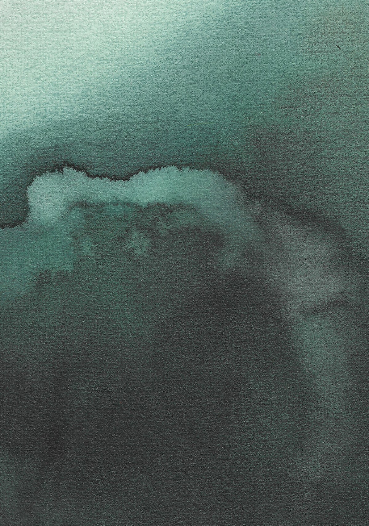 Aquarelle abstraite en gros plan, vert bleuté et gris, nuages diffus