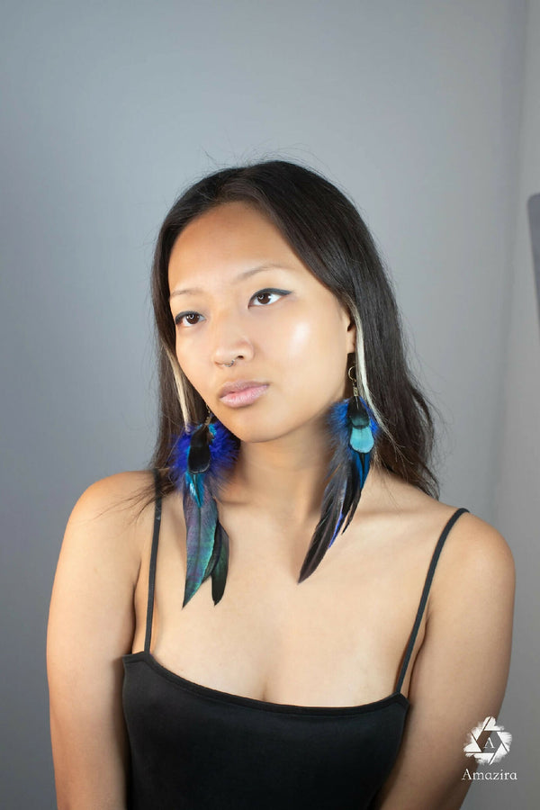 Boucles d’oreilles à plumes bleu turquoise, longues, avec attaches dorées