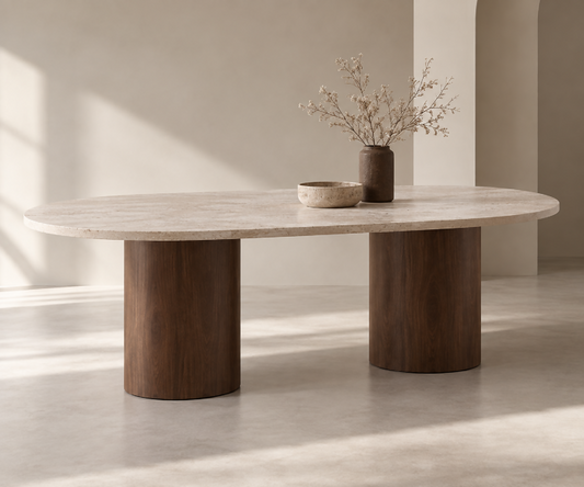 Travertine table with beech wood legs