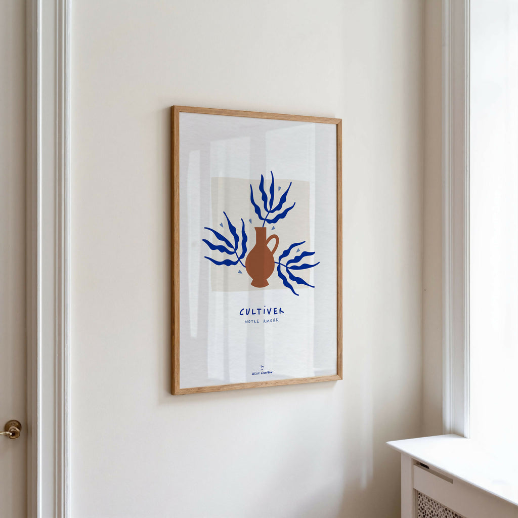 Affiche A4 en cadre en bois, motif corail bleu et terre cuite, format vertical