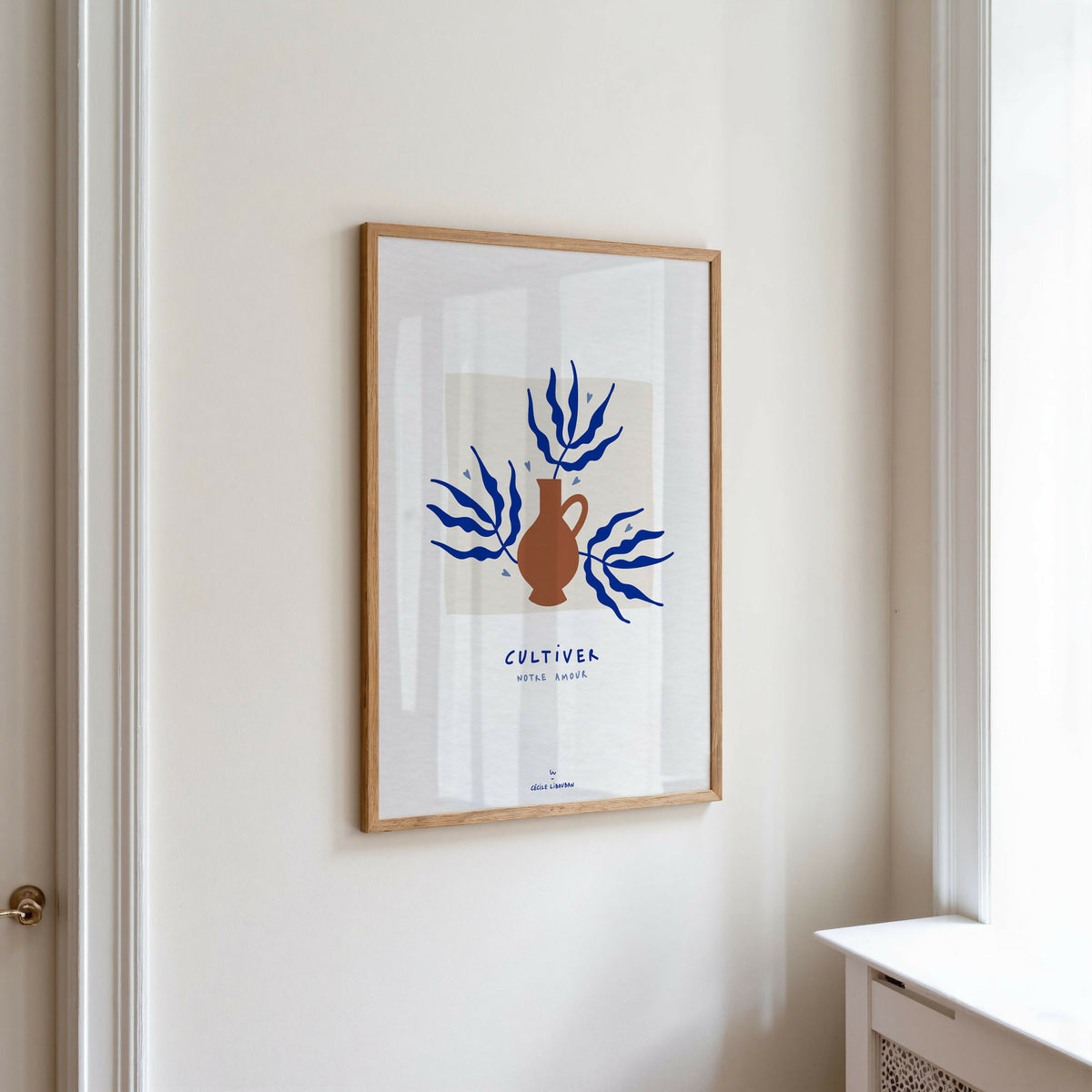 Affiche A4 en cadre en bois, motif corail bleu et terre cuite, format vertical