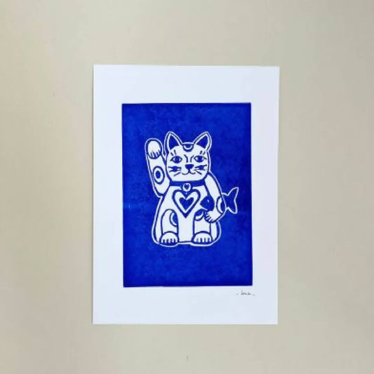Linogravure 15cm x 21 cm (A5) - Lucky cat / Maneki Neko