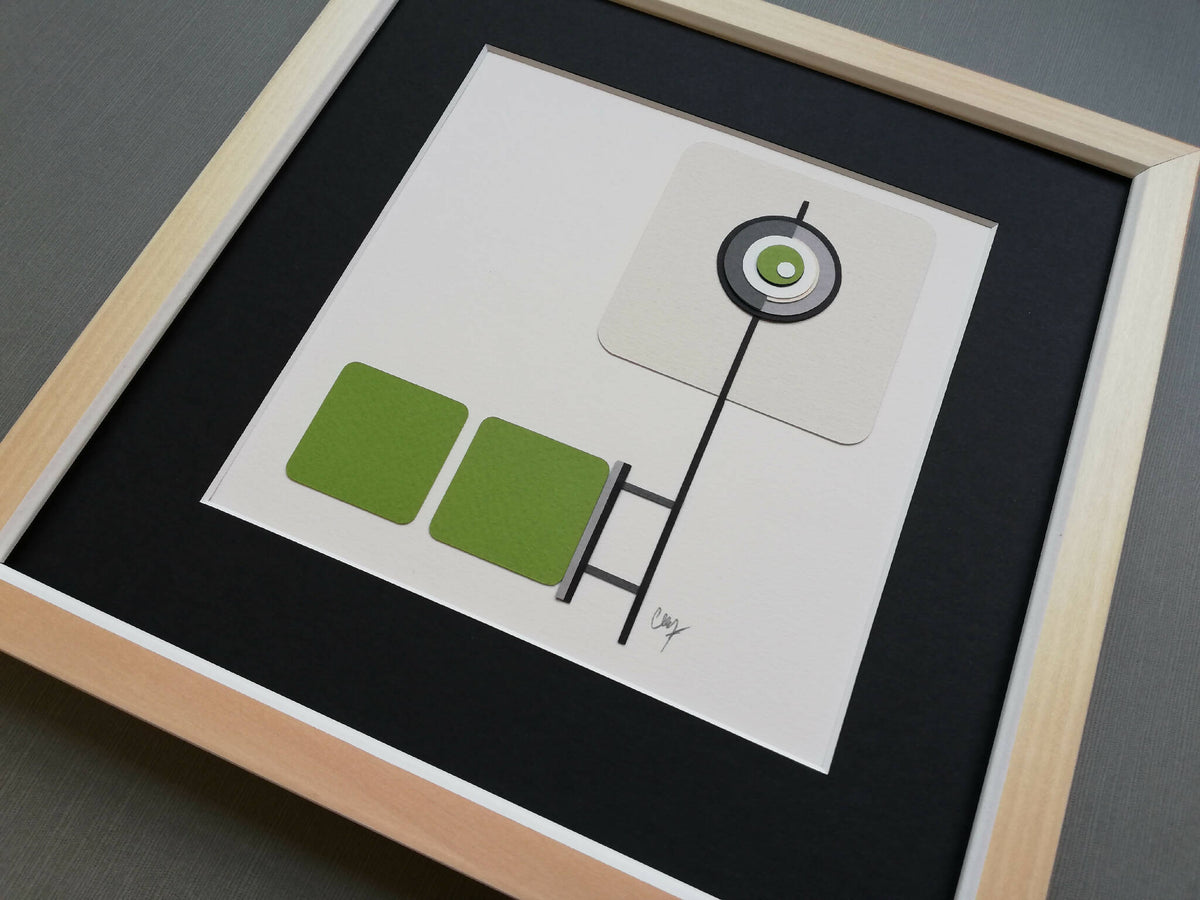 Luminaire déporté encadré, rectangles verts et cercle lumineux noir