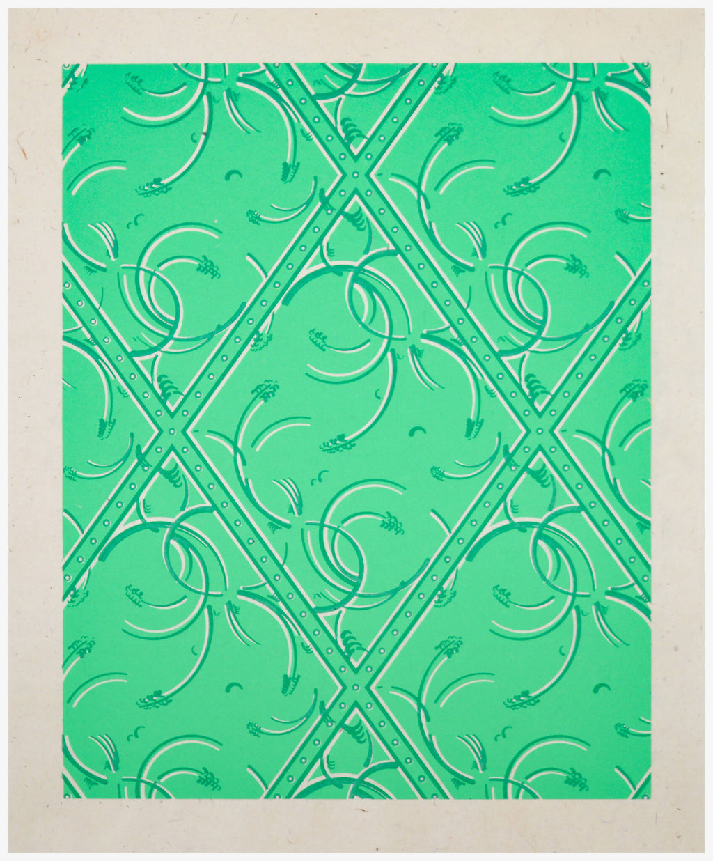 Carreau de tissu vert émeraude, motif symétrique en losanges avec arabesques