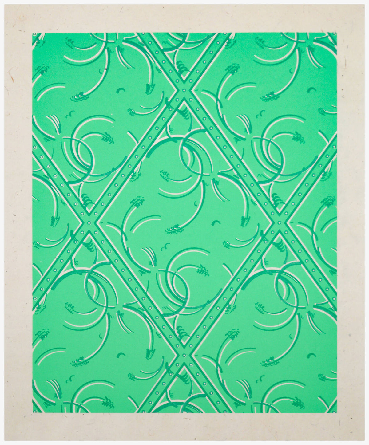 Carreau de tissu vert émeraude, motif symétrique en losanges avec arabesques