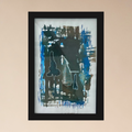 Composition abstraite dans cadre noir, bleus et verts foncés, détails de peinture