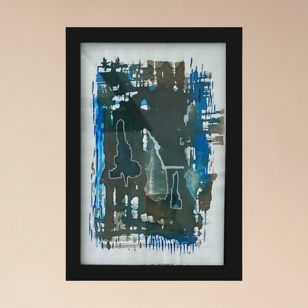 Composition abstraite dans cadre noir, bleus et verts foncés, détails de peinture