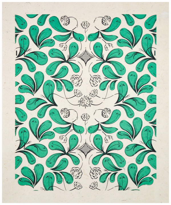 Coupon de tissu imprimé vert, motif central symétrique de feuillages et fleurs