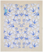 Coupon de tissu imprimé bleu, motif symétrique en rosace de feuillages et fleurs