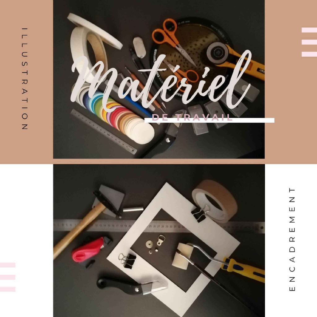Fauteuil lounge : matériel d’atelier sur table avec outils et gabarits de collage