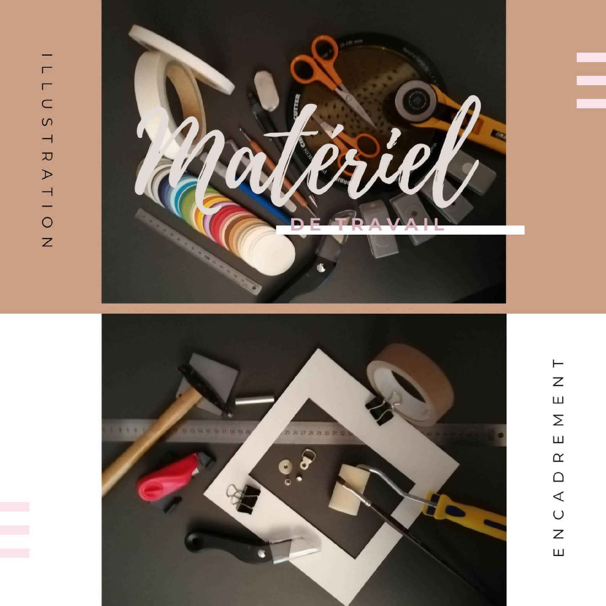 Fauteuil lounge : matériel d’atelier sur table avec outils et gabarits de collage