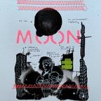 Impression Moon avec visage au trait et gratte-ciel, bordures rouges