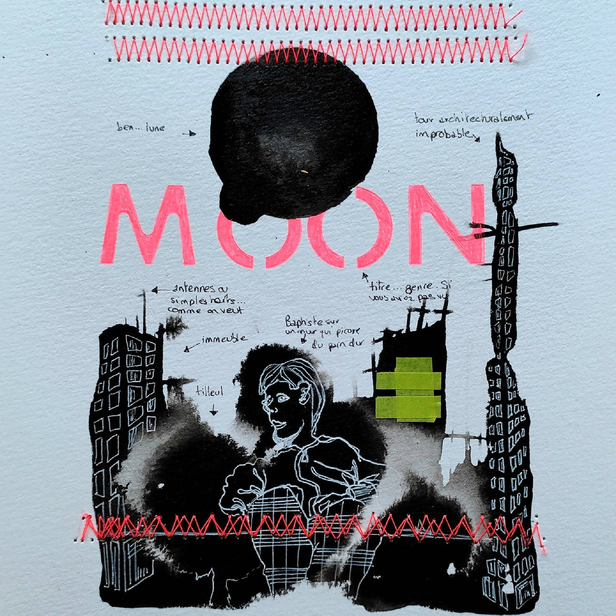 Impression Moon avec visage au trait et gratte-ciel, bordures rouges