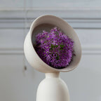 Vase soliflore beige en forme de colonne, fleurs violettes à l’intérieur.