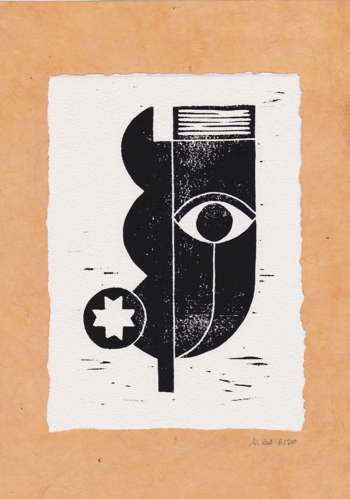 Gravure abstraite noire sur fond blanc, motif œil; signature en bas à droite