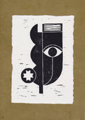 Gravure abstraite noire sur fond blanc, motif œil et formes géométriques
