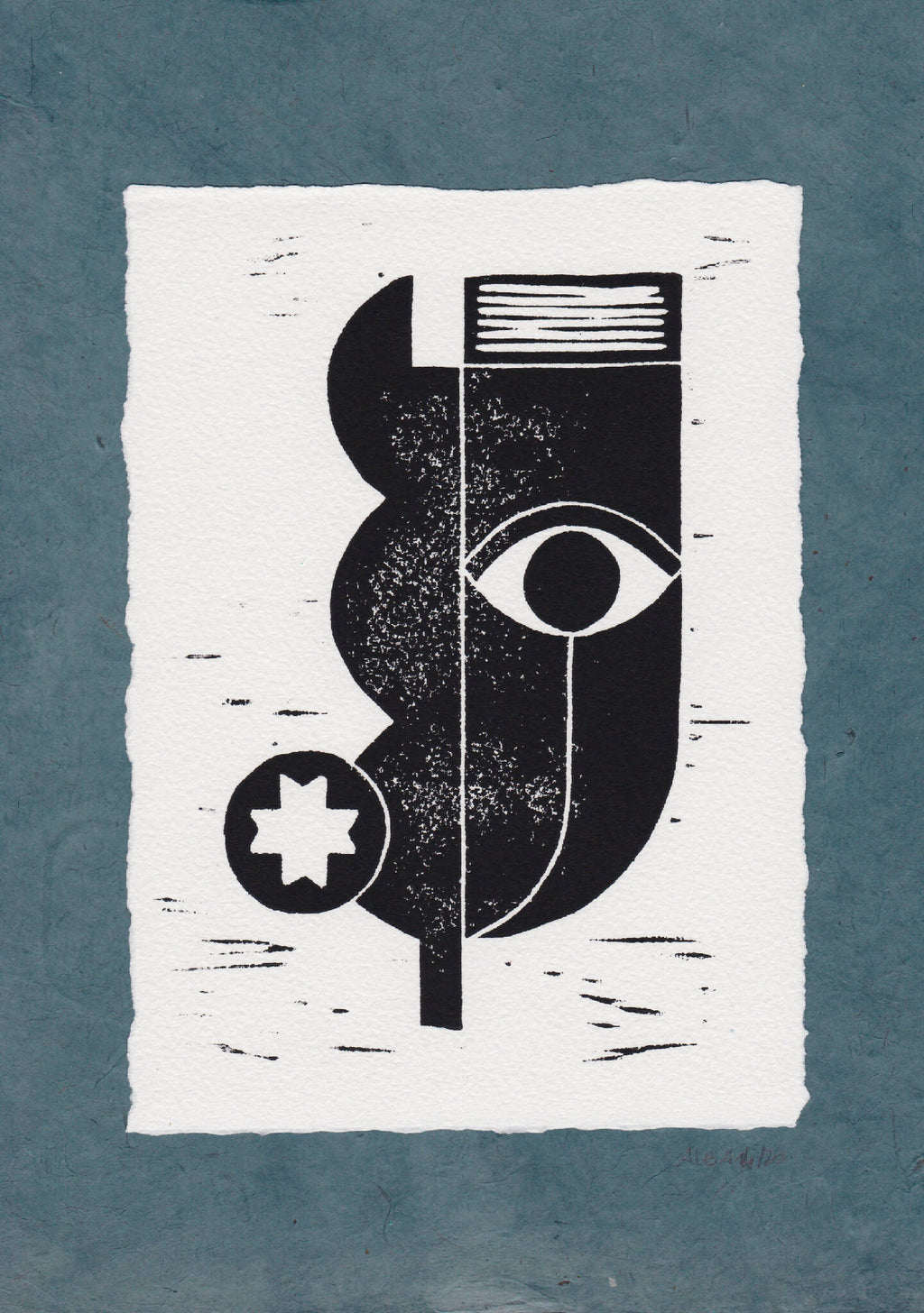 Gravure abstraite noire sur fond blanc, motif œil et formes géométriques