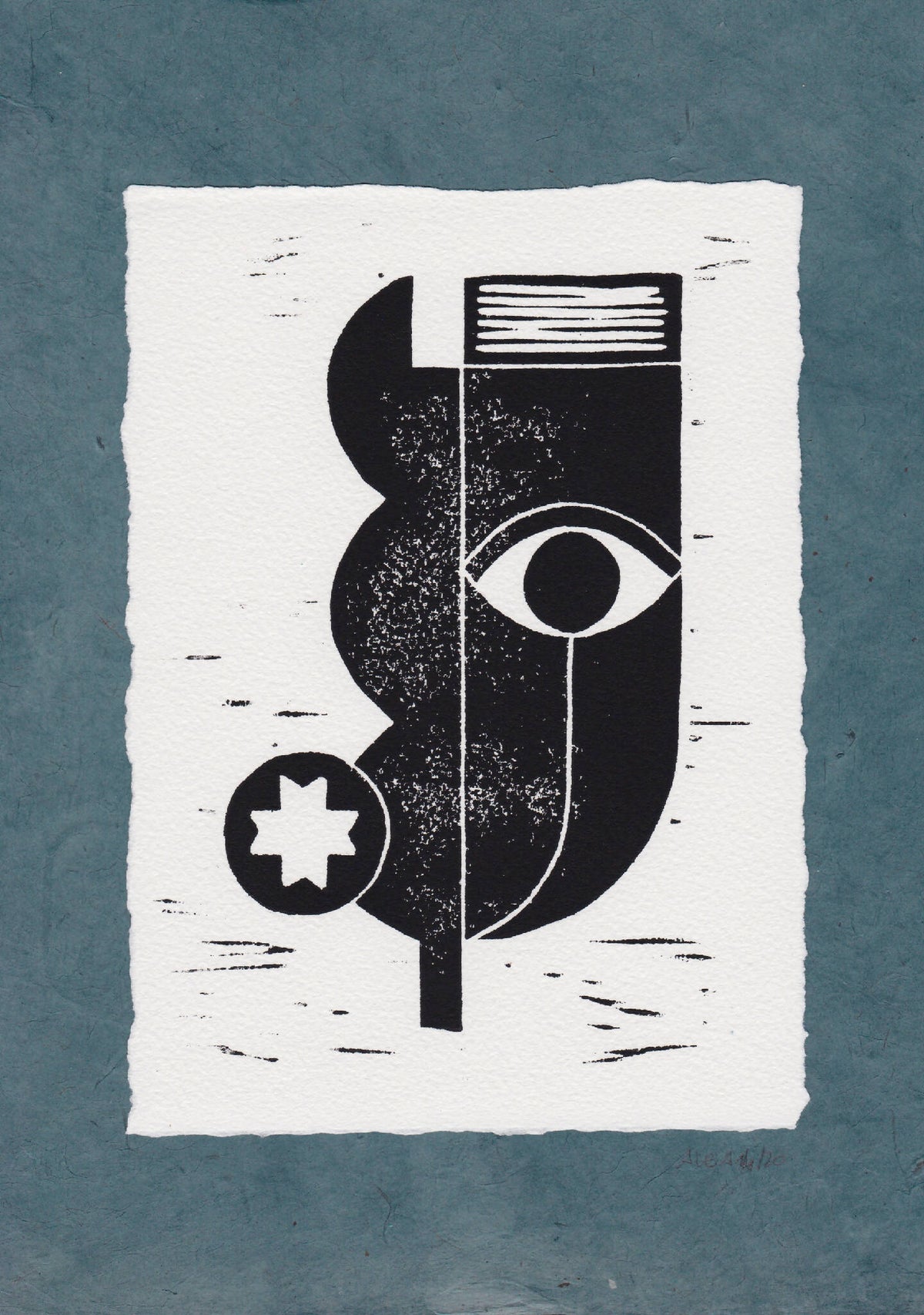 Gravure abstraite noire sur fond blanc, motif œil et formes géométriques