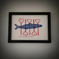 Tableau encadré avec poisson bleu, cœurs rouges et texte « Je suis à toi ».