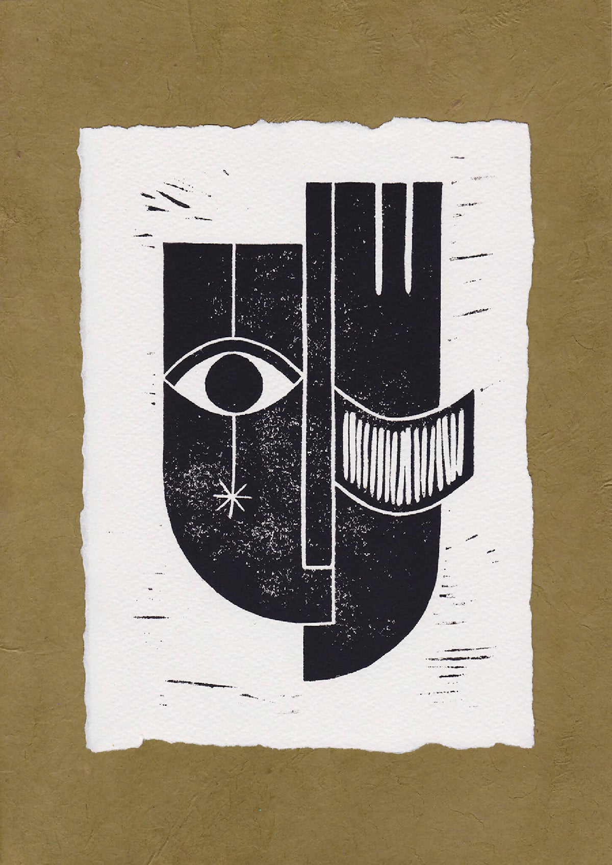 Gravure abstraite noir et blanc sur papier, motifs de visage et mains