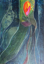 Tableau abstrait avec lignes blanches sinueuses, fond bleu-vert et motif orange en haut.