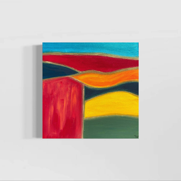 Tableau carré paysage abstrait aux aplats rouge, jaune et vert, ciel bleu