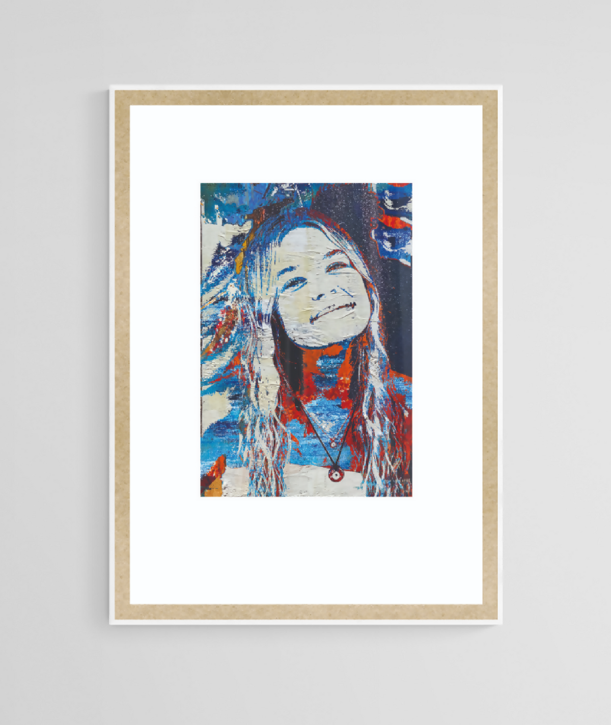 Portrait numérique Eli, portrait stylisé d’une femme, cheveux bleus et rouges, cadre