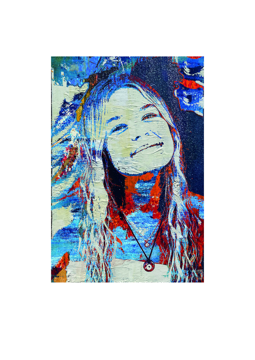 Portrait numérique Eli, gros plan du visage d’une femme, cheveux bleus, touches rouges