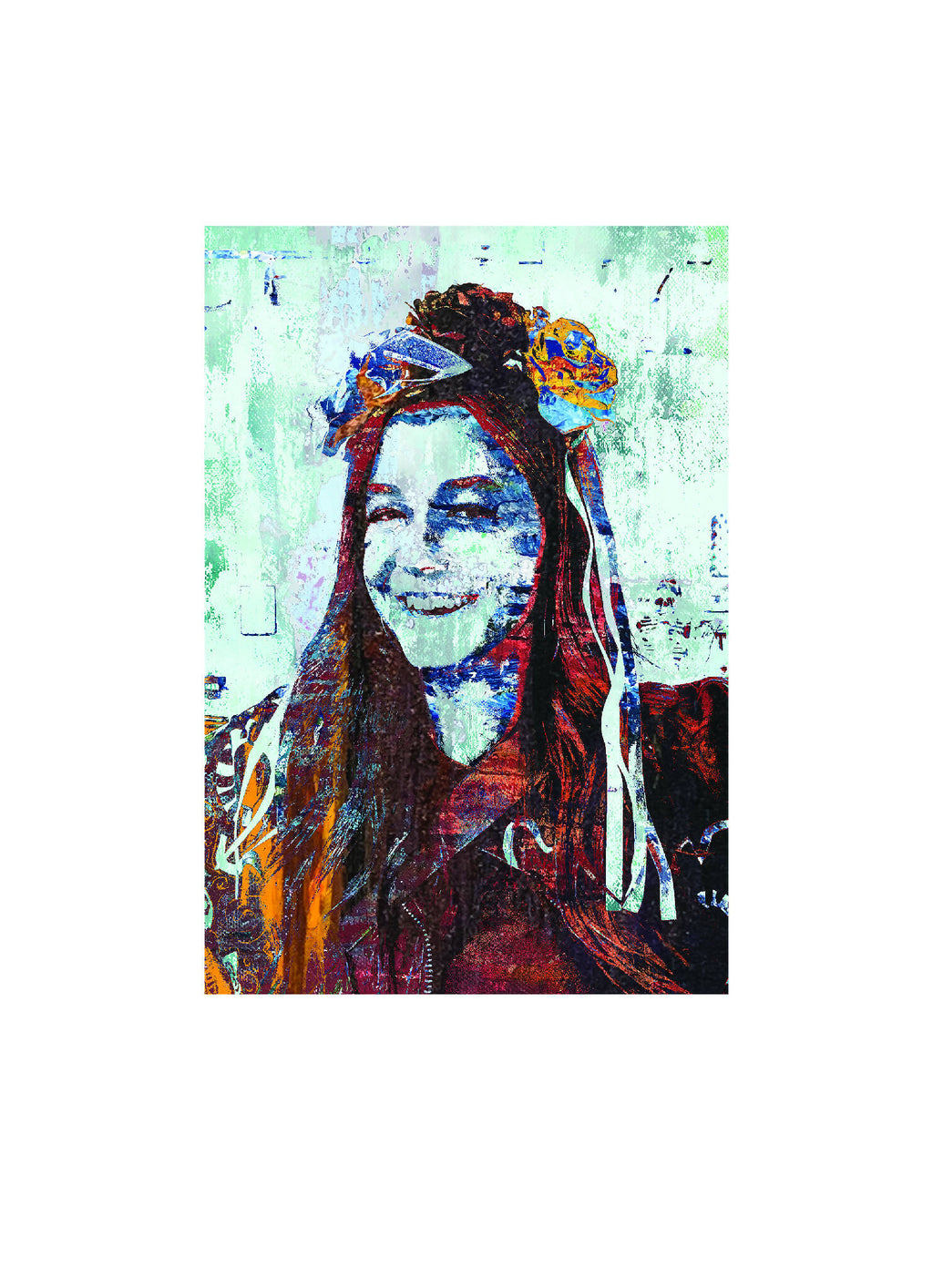 Portrait numérique rapproché d’une femme abstraite aux couleurs vives et fond turquoise