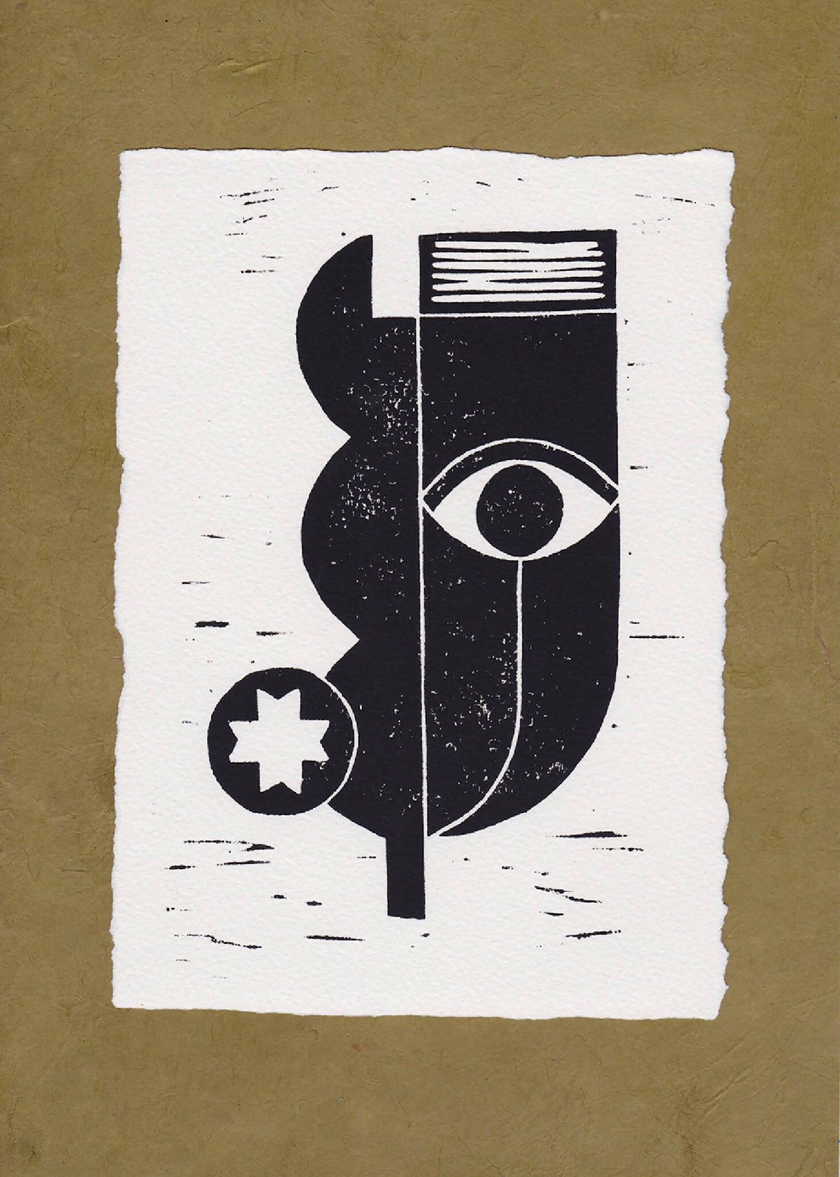 Gravure abstraite noire sur fond blanc, motif œil et formes géométriques